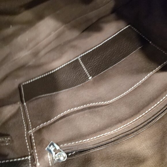 Lambertson Truex crossbody briefcase bag navy blue canvas or cotton and brown le - Picture 8 of 12